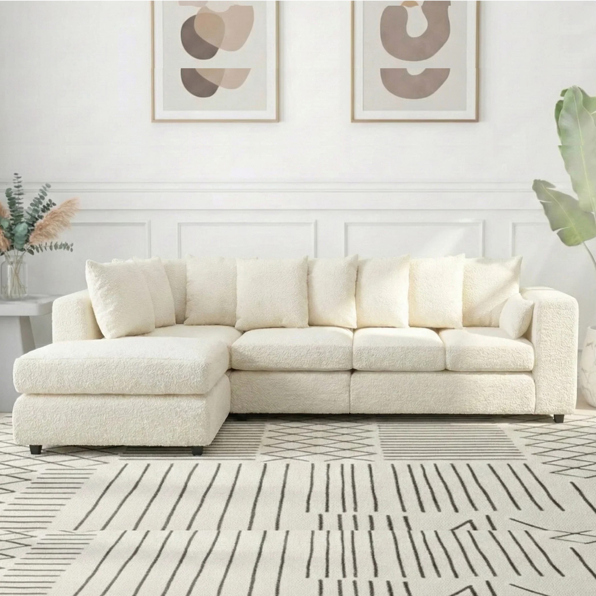 BELVANO Boucle Fabric Large 5 Seater L Shaped Scatterback Corner Sofa - Ivory, Left Hand Facing - Home Done