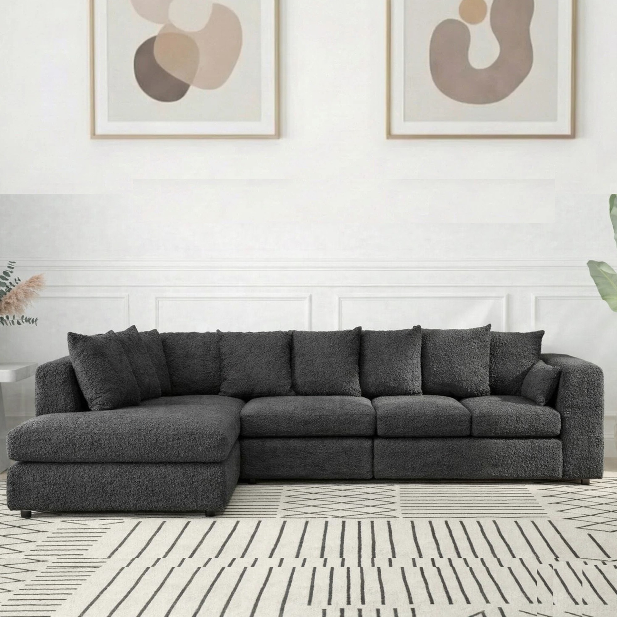 BELVANO Boucle Fabric Large 5 Seater L Shaped Scatterback Corner Sofa - Slate Grey, Left Hand Facing - Home Done