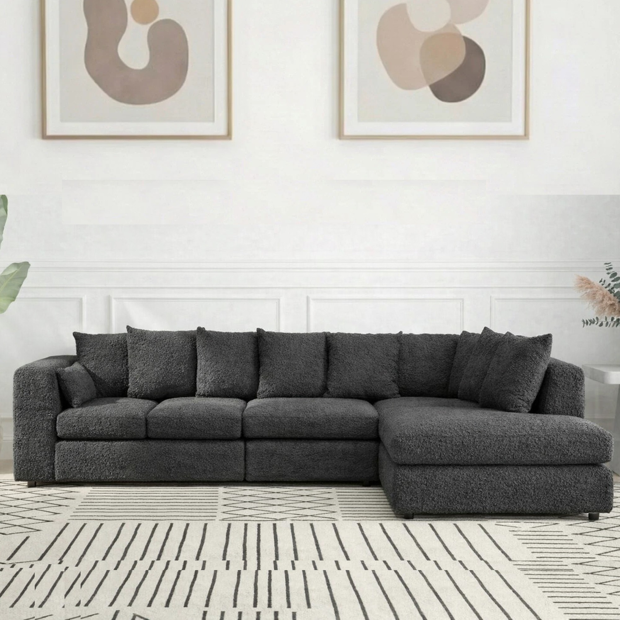BELVANO Boucle Fabric Large 5 Seater L Shaped Scatterback Corner Sofa - Slate Grey, Right Hand Facing - Home Done