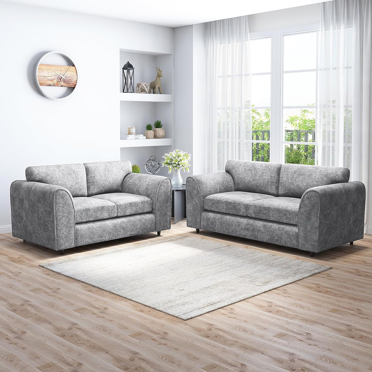 LORVANI Fabric 3 and 2 Seater Fullback Sofa Set - Light Grey - Home Done
