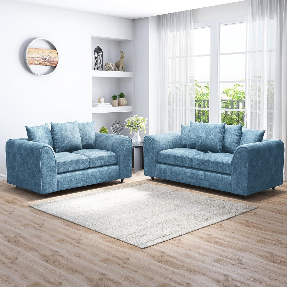 LORVANI Fabric 3 and 2 Seater Scatterback Sofa Set - Sky Blue - Home Done