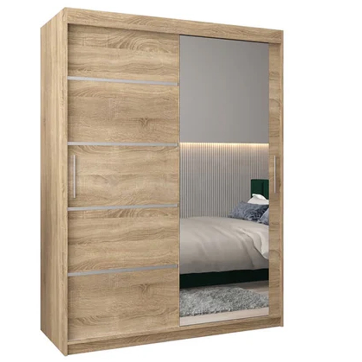Sliding Wardrobe - VICENZA II 2 Door Mirrored Wardrobe Oak Sonoma 150cm - Art Nest