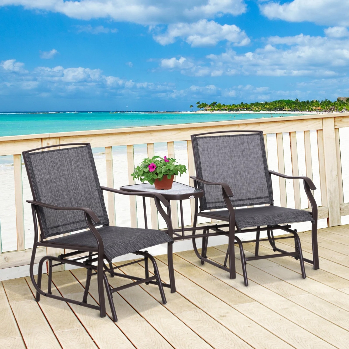 3PCs Rocking Chair With Tea Table Set - Brown/Grey - The Garden Savant