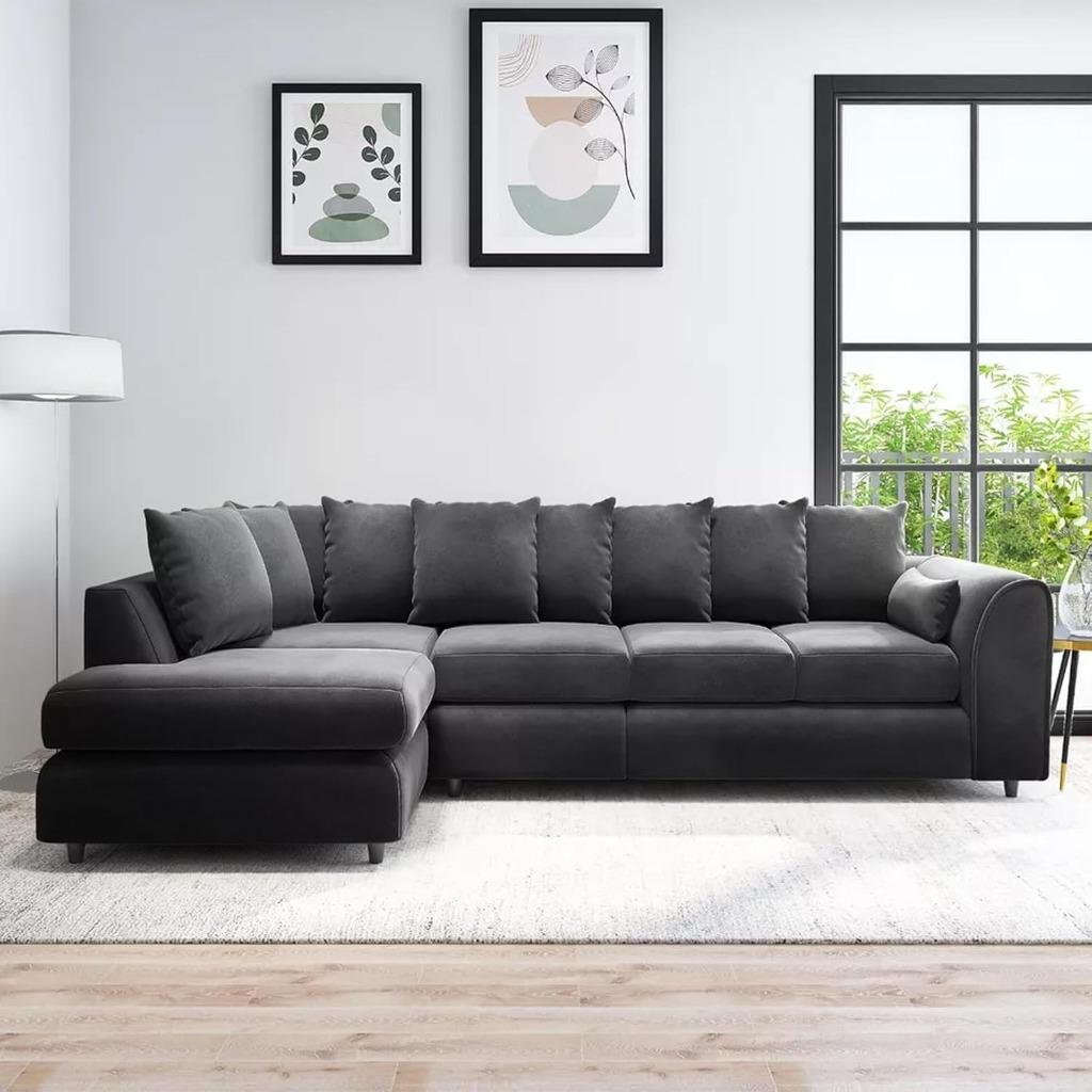 DELANO Plush Velvet Large 5 Seater L Shaped Scatterback Corner Sofa - Black, Left Hand Facing - Home Done