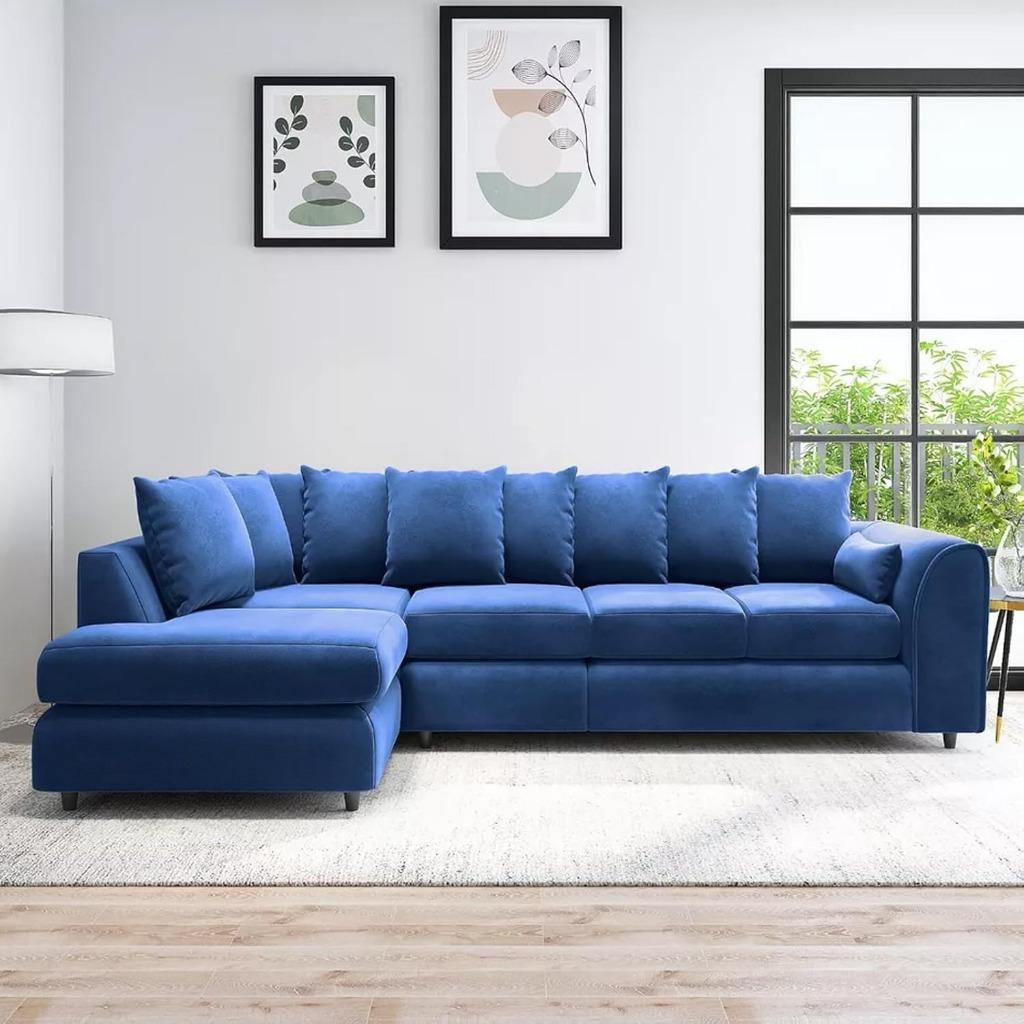 DELANO Plush Velvet Large 5 Seater L Shaped Scatterback Corner Sofa - Midnight Blue, Left Hand Facing - Home Done