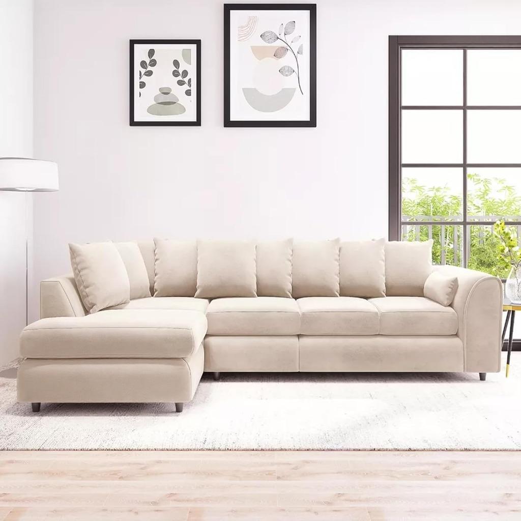 DELANO Plush Velvet Large 5 Seater L Shaped Scatterback Corner Sofa - Cream, Left Hand Facing - Home Done
