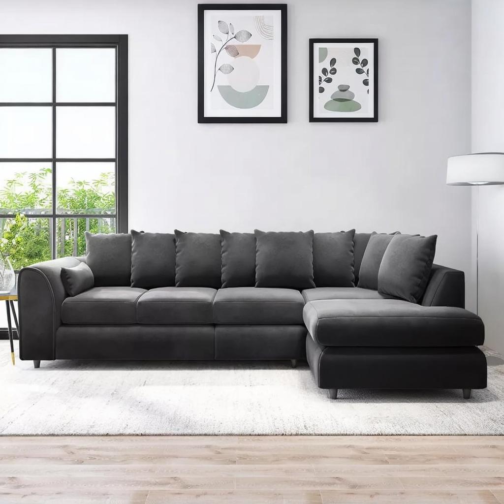 DELANO Plush Velvet Large 5 Seater L Shaped Scatterback Corner Sofa - Black, Right Hand Facing - Home Done