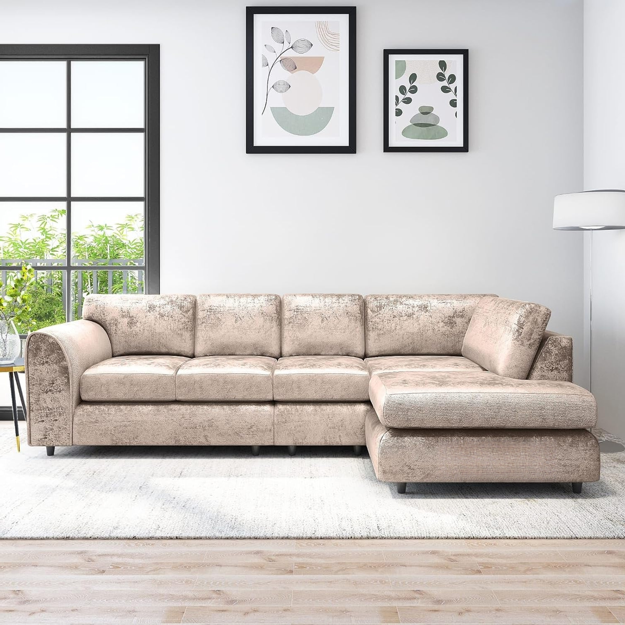 VELOURA Crush Velvet Large 5 Seater L Shaped Fullback Corner Sofa - Mink , Right Hand Facing - Home Done