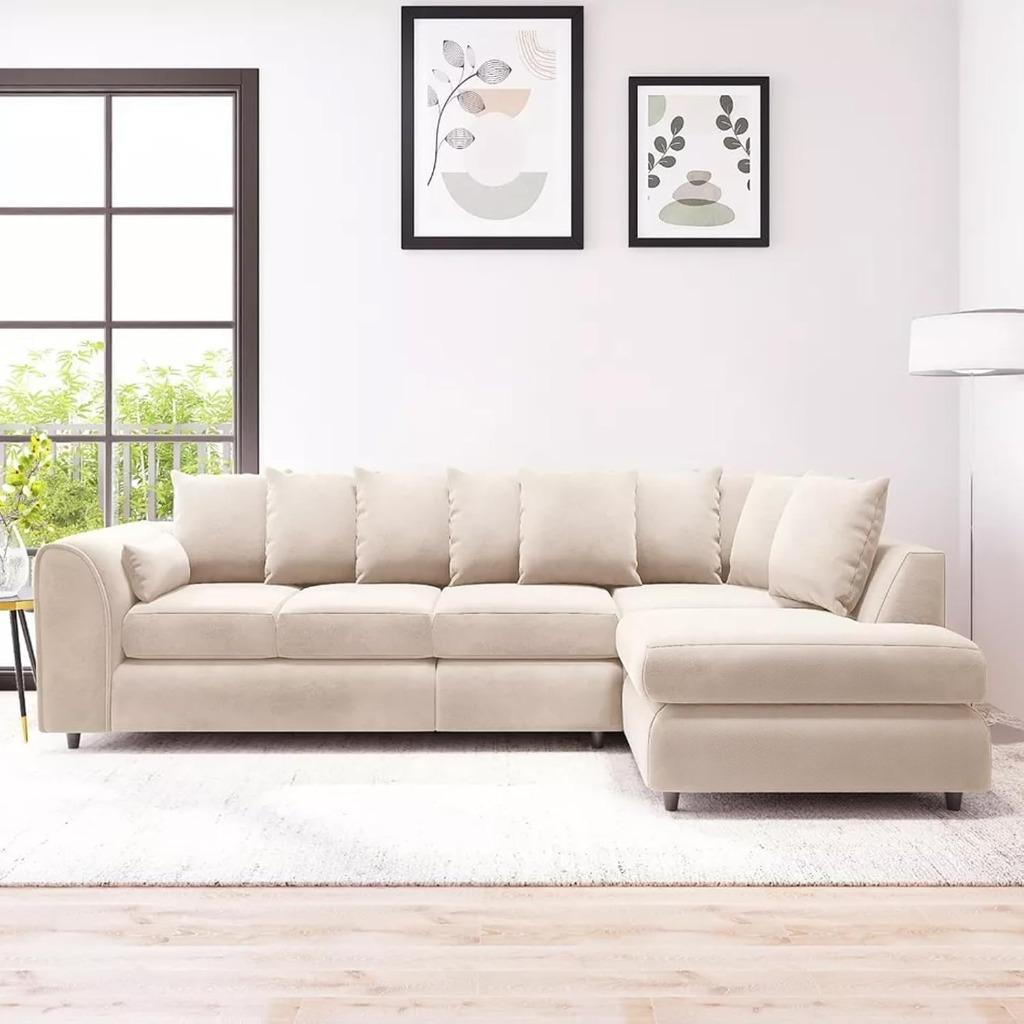 DELANO Plush Velvet Large 5 Seater L Shaped Scatterback Corner Sofa - Cream, Right Hand Facing - Home Done