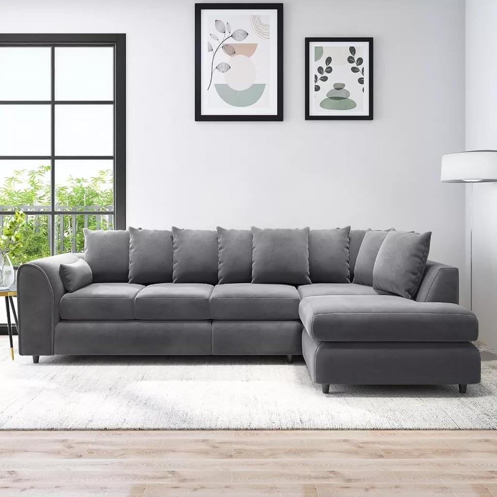 DELANO Plush Velvet Large 5 Seater L Shaped Scatterback Corner Sofa - Dark Grey, Right Hand Facing - Home Done