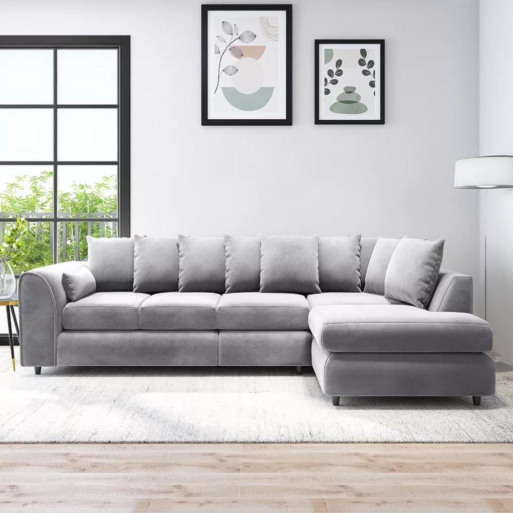 DELANO Plush Velvet Large 5 Seater L Shaped Scatterback Corner Sofa - Light Grey, Right Hand Facing - Home Done