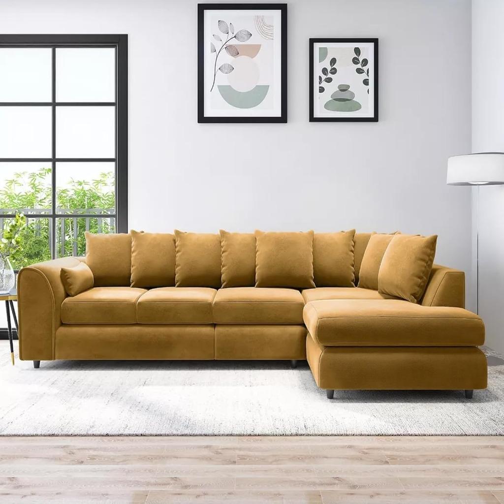 DELANO Plush Velvet Large 5 Seater L Shaped Scatterback Corner Sofa - Mustard, Right Hand Facing - Home Done