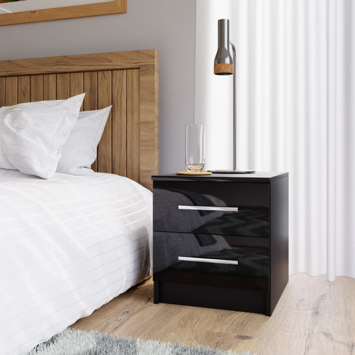 WARRINGTON 2 Drawer Bedside Table - Black Gloss - Avellino & Wells