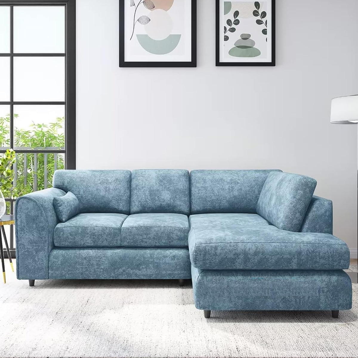 LORVANI Fabric 4 Seater L Shaped Fullback Corner Sofa - Sky Blue, Right Hand Facing - Home Done