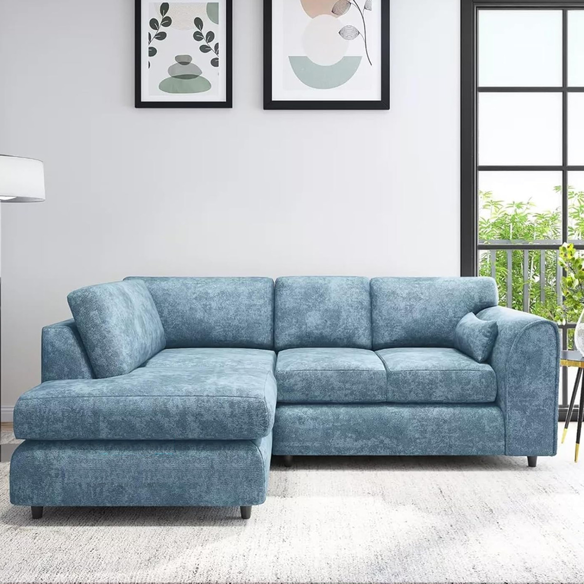 LORVANI Fabric 4 Seater L Shaped Fullback Corner Sofa - Sky Blue, Left Hand Facing - Home Done