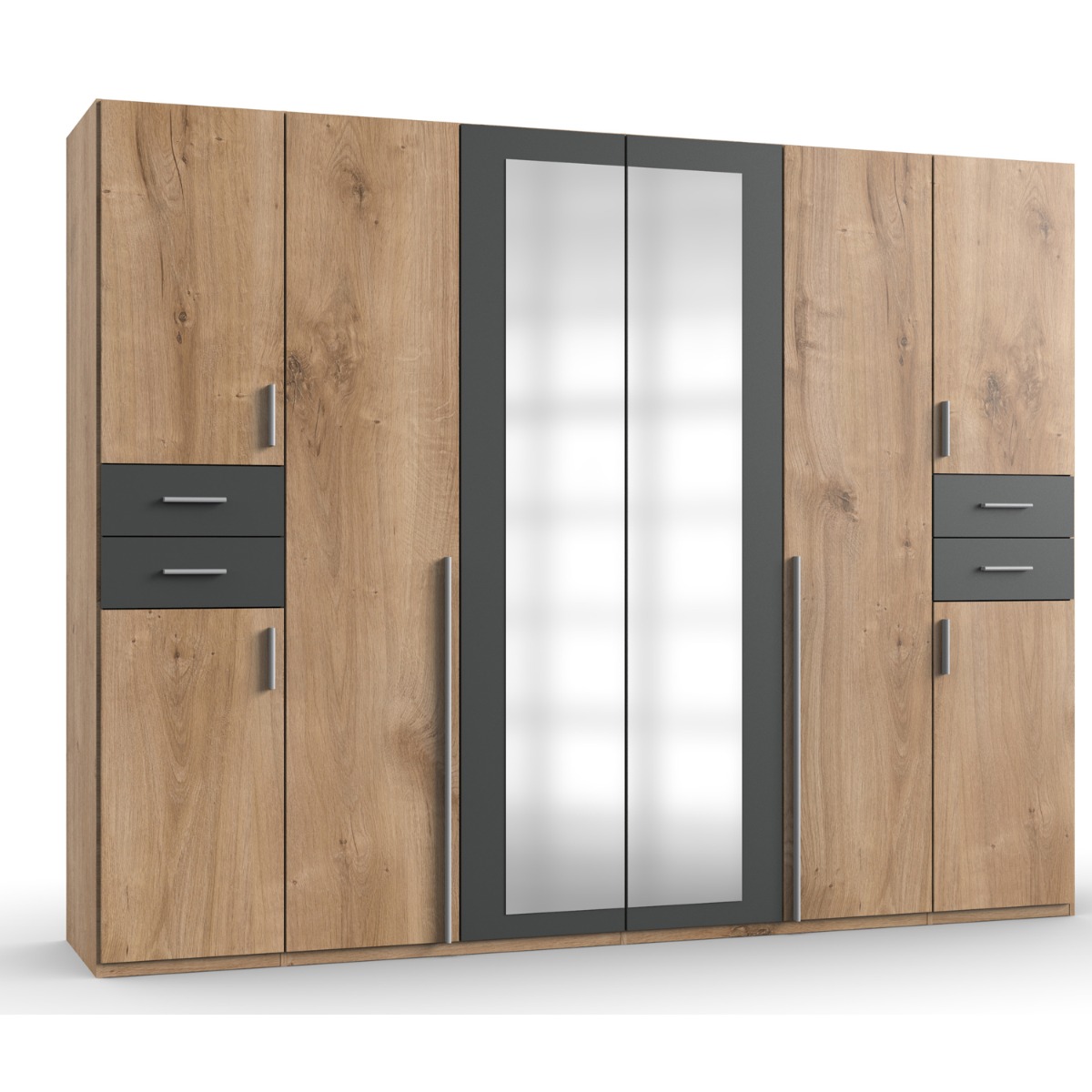 Wardrobe - FENTON 6 Door Mirrored Wardrobe Oak and Graphite 270cm - Wimex Distribution
