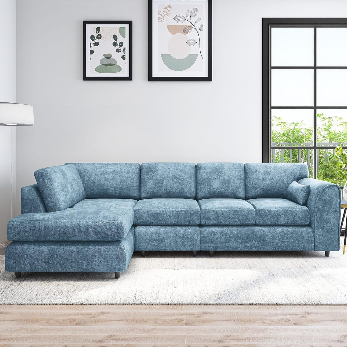 LORVANI Fabric Large 5 Seater L Shaped Fullback Corner Sofa - Sky Blue, Left Hand Facing - Home Done