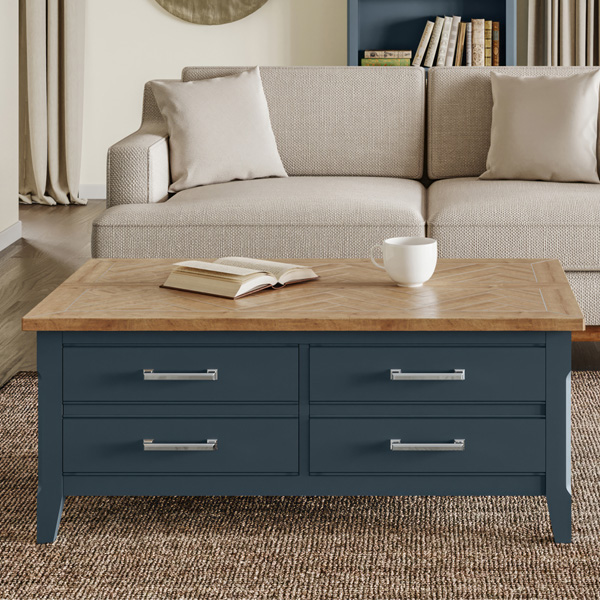 Ransley Blue Oak Parquet Coffee Table With Drawers and Hidden Storage Trunk - Vantage Point
