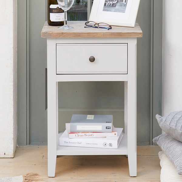 Ransley Grey Limed Lamp Table with Drawer and Open Shelf - Vantage Point