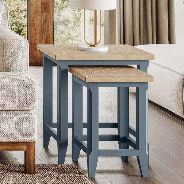 Ransley Oak Parquet Top Nest of Two Tables - Blue - Vantage Point
