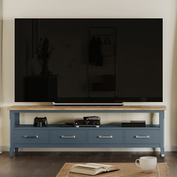 Ransley Oak Parquet Top Large Widescreen Television Cabinet with 3 Drawers - Blue - Vantage Point