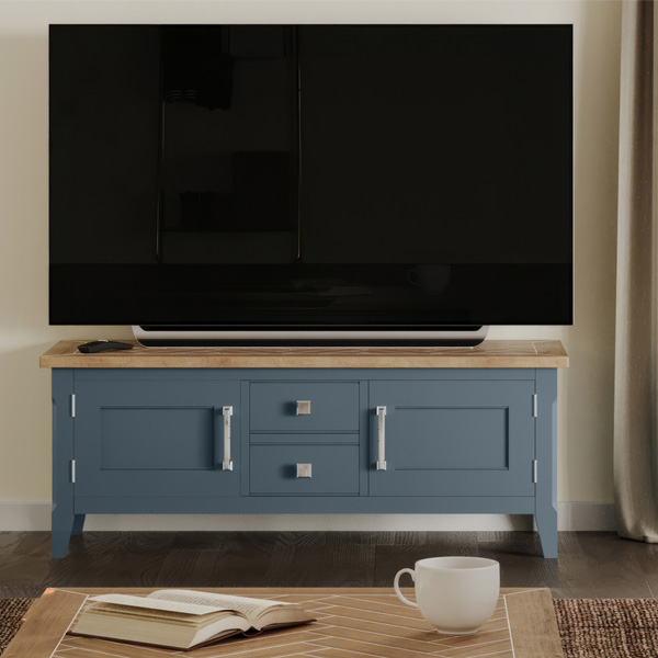 Ransley Oak Parquet Top Widescreen Television Stand with 2 Door and 2 Drawers - Blue - Vantage Point