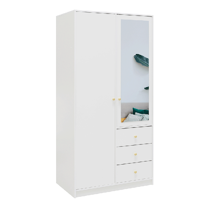 ELVIRO 2 Door Mirrored Wardrobe with 3 Drawers White - 100cm - Avellino & Wells