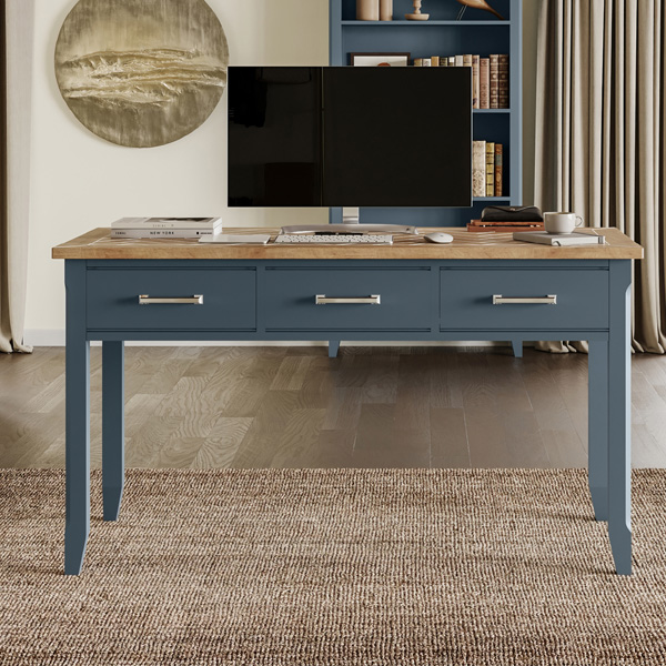 Ransley Blue Oak Parquet Computer Desk with Three Drawers - Vantage Point