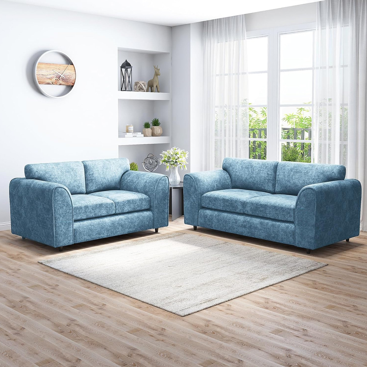 LORVANI Fabric 3 and 2 Seater Fullback Sofa Set - Sky Blue - Home Done