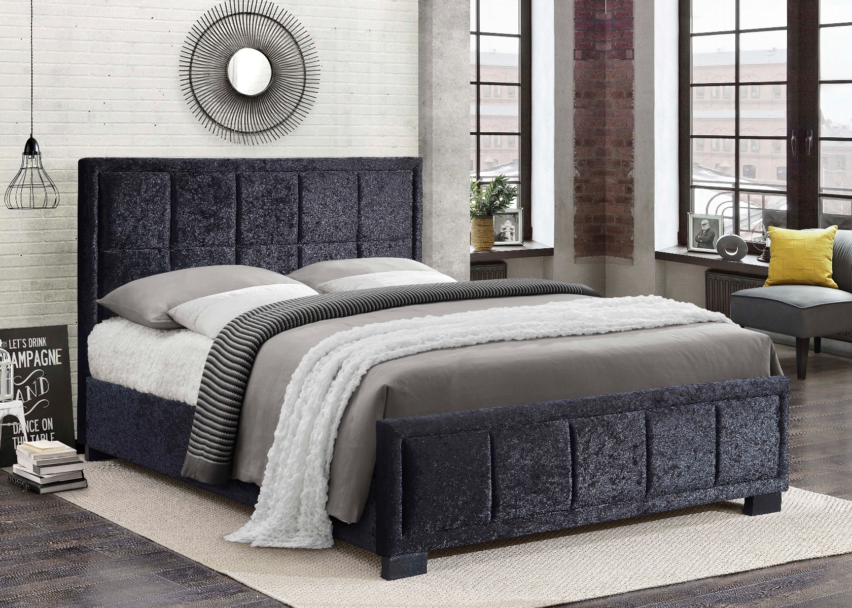 Birlea Hannover Black Crushed Velvet Bed Frame - Double 4ft6 - Birlea Essentials