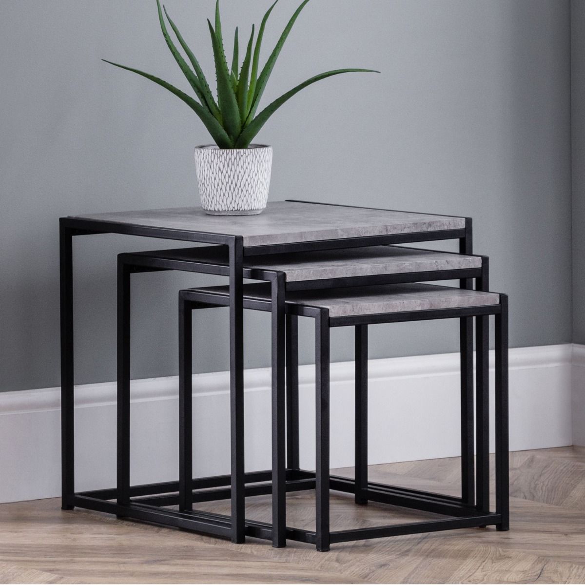 Staten Black Metal Frame Nest Of 3 Tables - Concrete - JB Collections