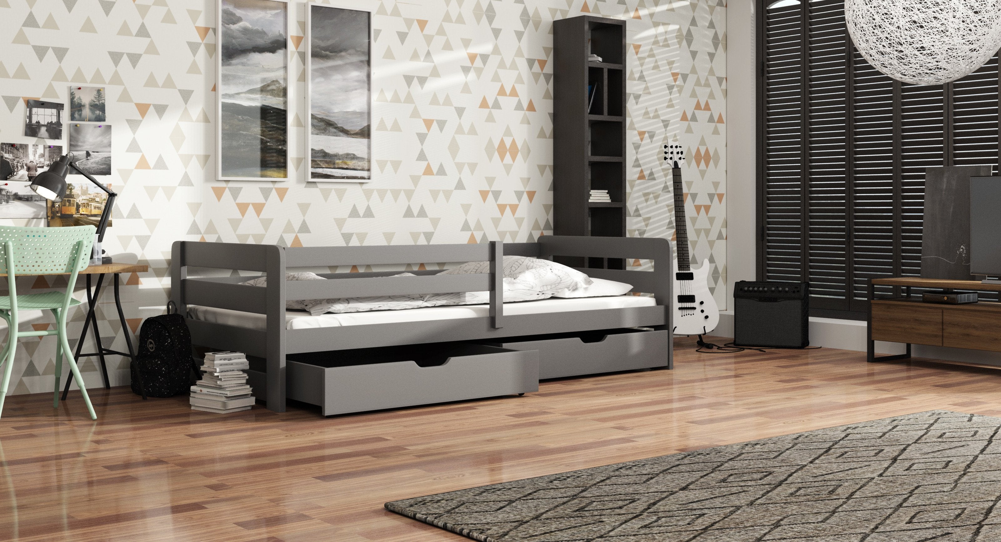 Erik Wooden Bed with 2 Drawers Storage - Graphite - Art Nest
