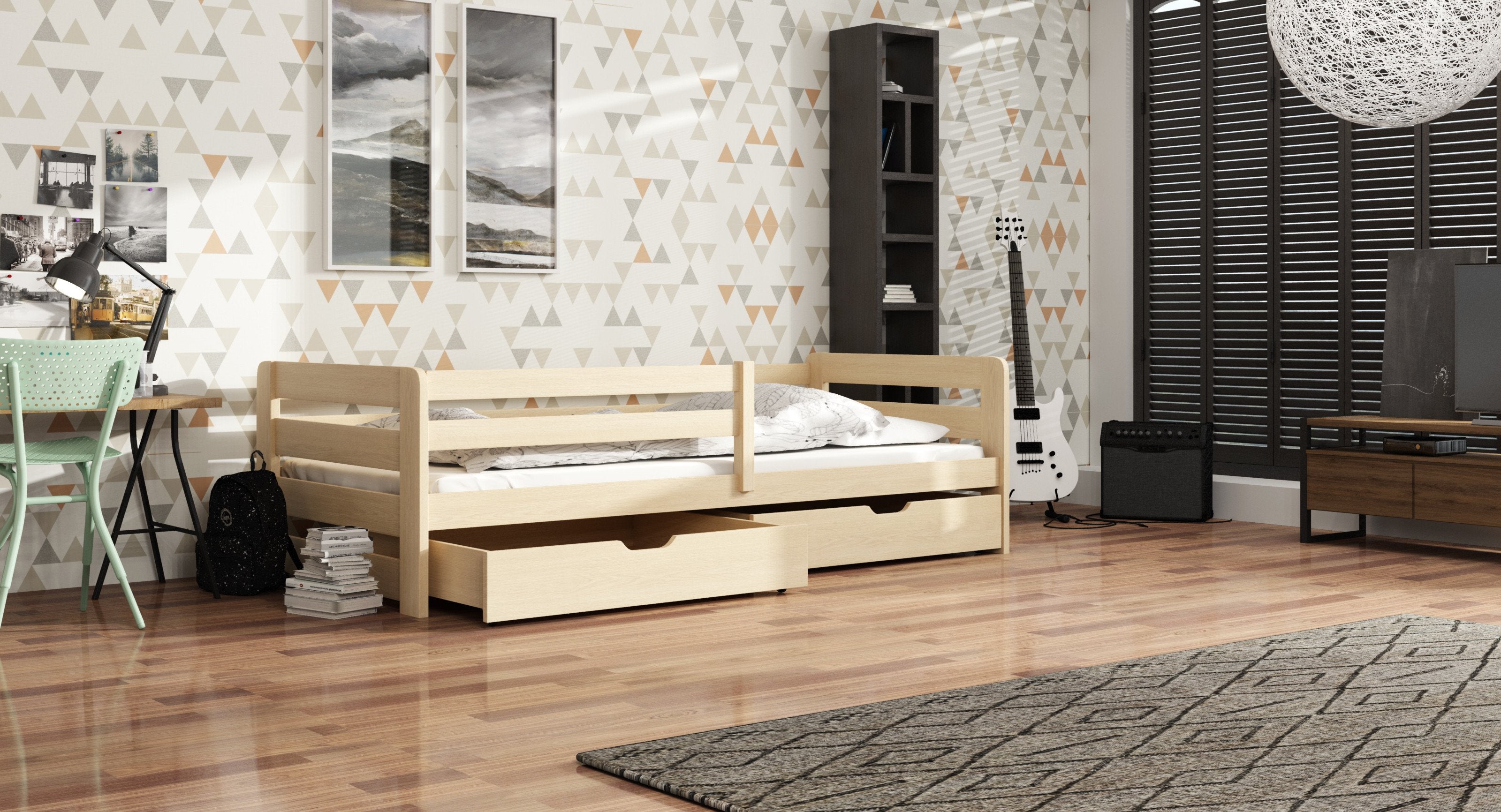 Erik Wooden Bed with 2 Drawers Storage - Pine - Art Nest
