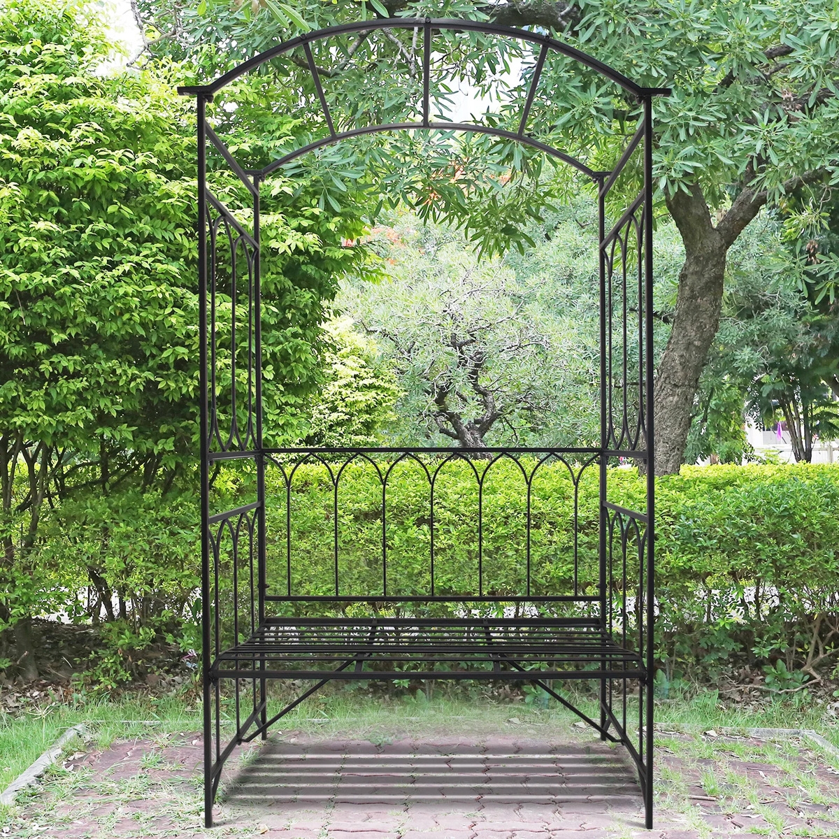 Metal Frame Bench with Arch - Black - The Garden Savant