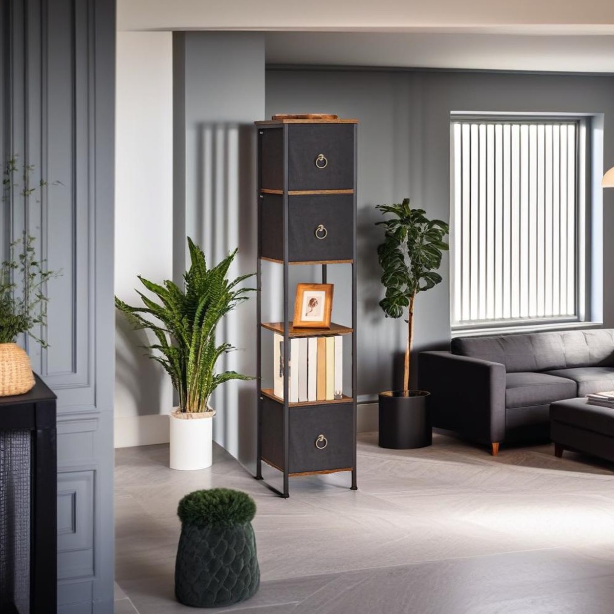 NOVATRA Storage Cabinet Tall Narrow Corner Unit with 3 Fabric Drawers - Grey - The Urban Forge
