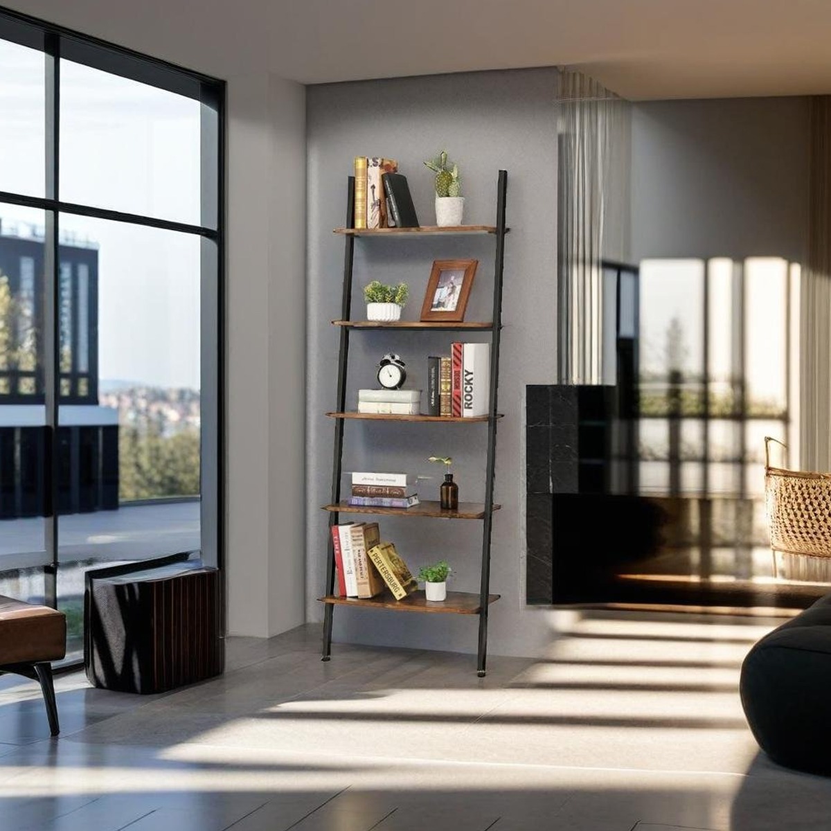 NOVIREX Ladder Shelf 5-Tier Metal and Wood Bookshelf - Rustic Brown - The Urban Forge