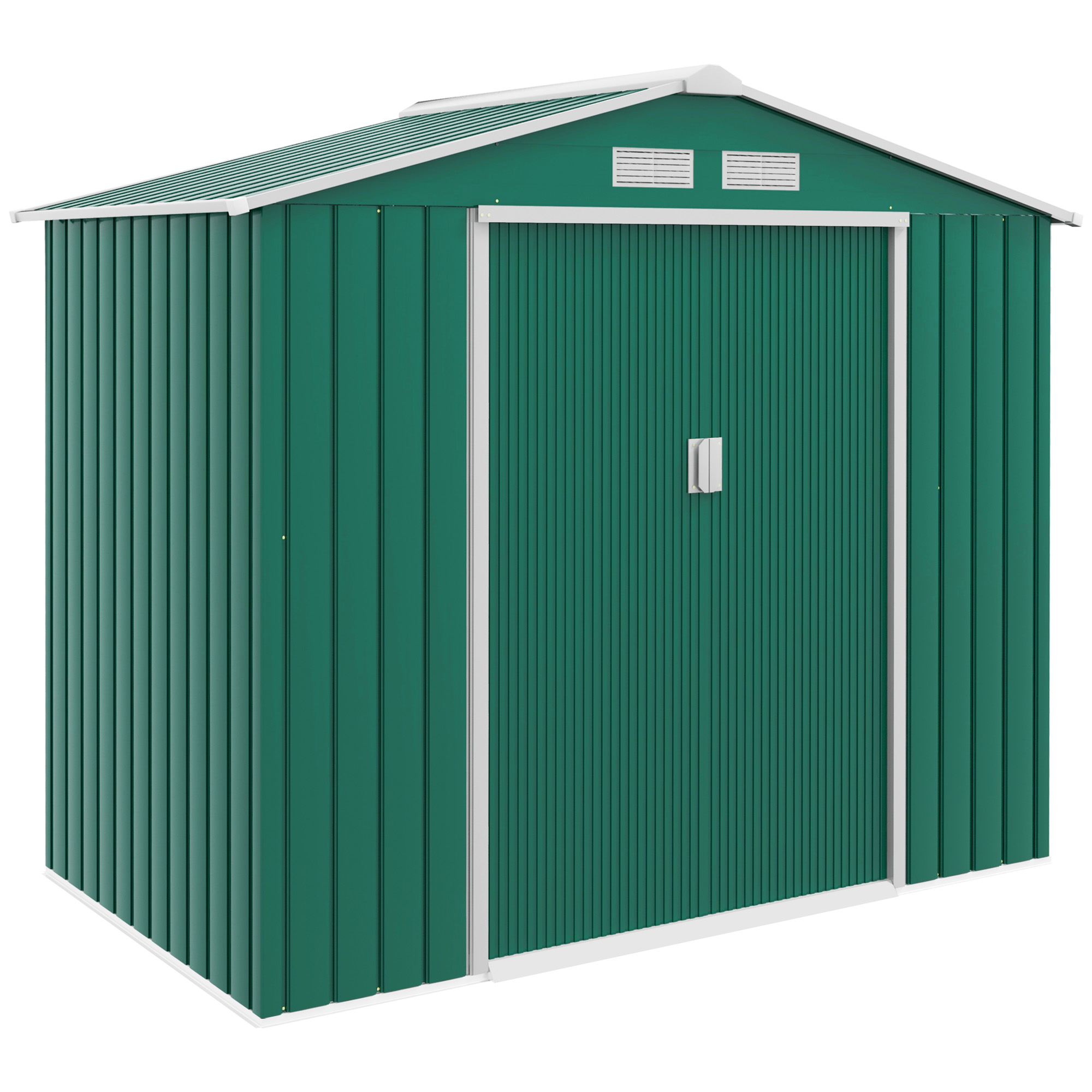 7ft x 4ft Lockable Garden Shed Large Patio Roofed Tool Metal Storage Building Foundation Sheds Box Outdoor Furniture, Green - Life Essentials