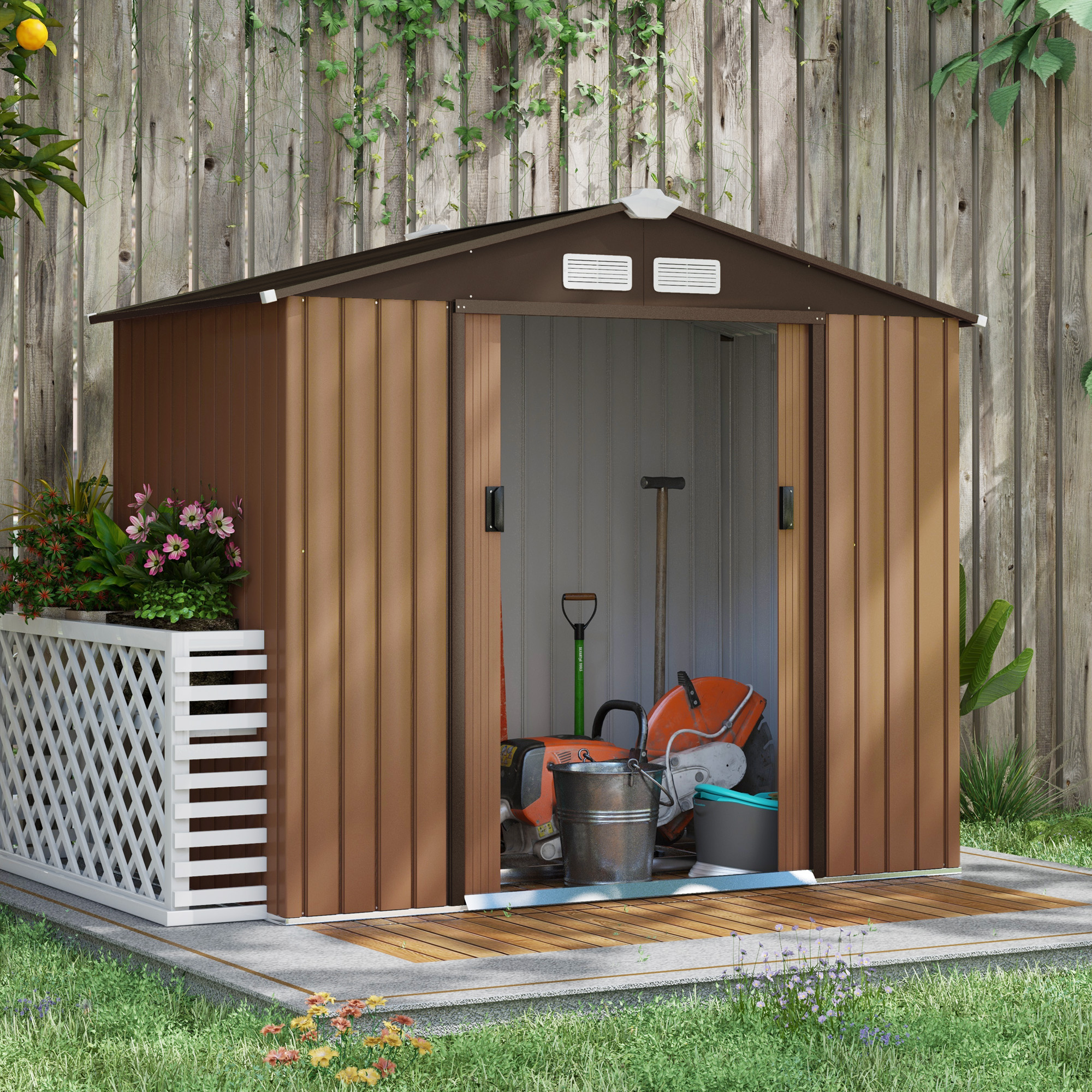 7 x 4 ft Lockable Garden Shed Large Patio Roofed Tool Metal Storage Building Foundation Sheds Box Outdoor Furniture, Yellow - Life Essentials