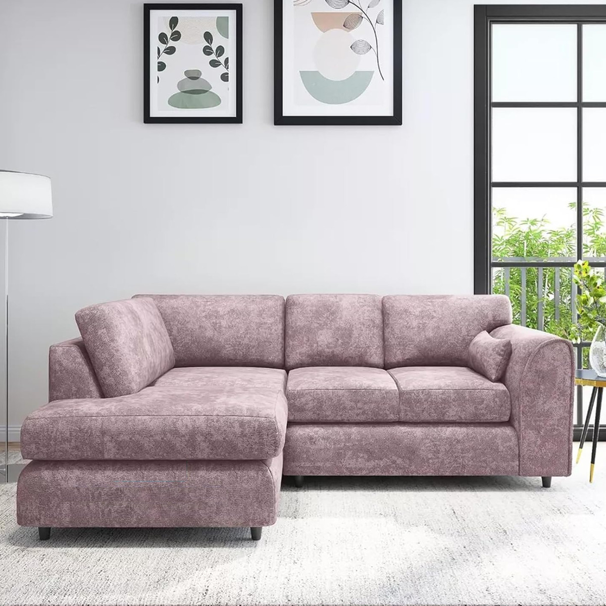 LORVANI Fabric 4 Seater L Shaped Fullback Corner Sofa - Pink, Left Hand Facing - Home Done