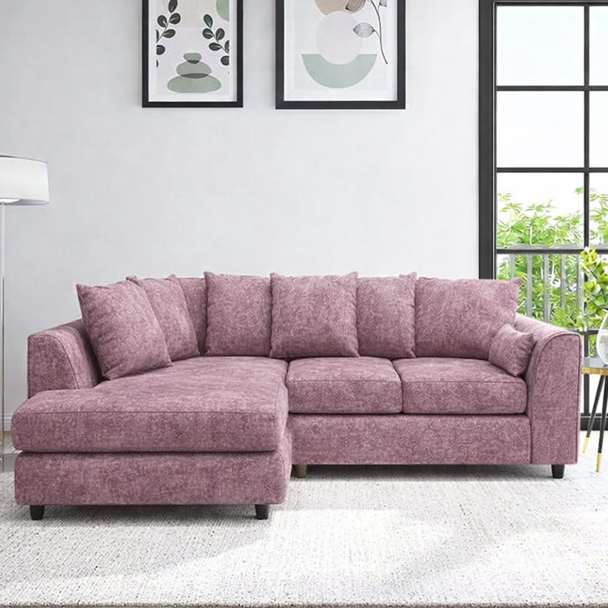 LORVANI Fabric 4 Seater L Shaped Scatterback Corner Sofa - Pink, Left Hand Facing - Home Done