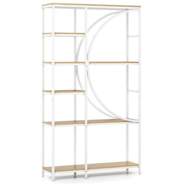 GALVORN 6-Tier Industrial Etagere Bookshelf with Open Storage Shelves and Arc-Shaped Design-Natural - Savings Store