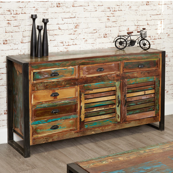 Laura Chic Reclaimed Wood 2 Door Large Sideboard with 6 Drawer - Natural Wood - Vantage Point