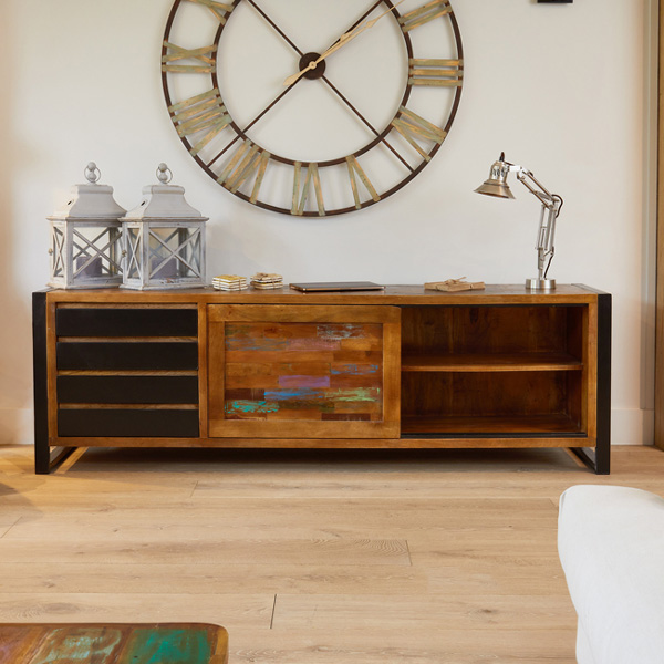 Laura Chic Reclaimed Wood Ultra Large Sideboard with Sliding Door and Drawer - Natural Wood - Vantage Point