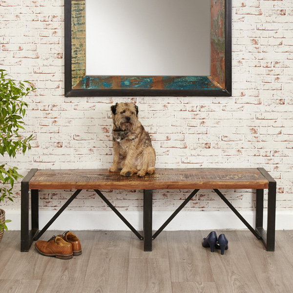 Laura Chic Reclaimed Wood Large Dining Bench with Steel Frame - Natural Wood - Vantage Point
