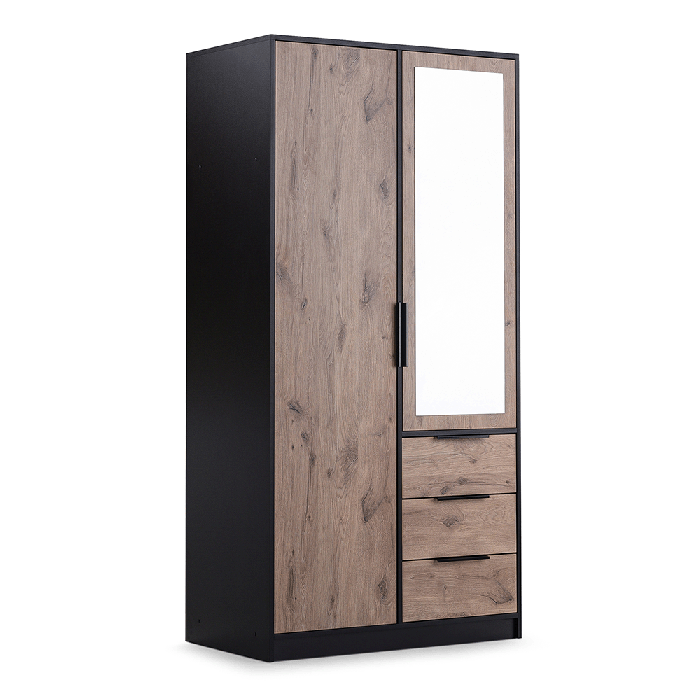 BELLVYN 2 Door Mirrored Wardrobe with 3 Drawers Black with Oak - 100cm - Avellino & Wells