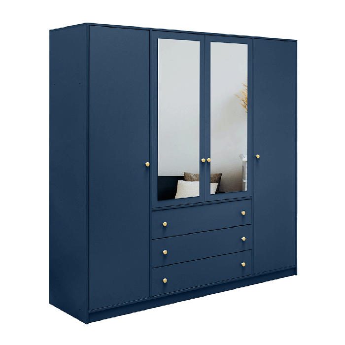 ELVIRO 4 Door Mirrored Wardrobe with 3 Drawers Blue - 196cm - Avellino & Wells