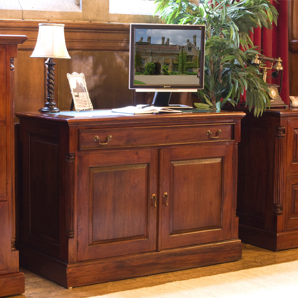 Royston 2 Door Computer Table With Keyboard Drawer and Antiqued Brass Handles - Mahogany Finish - Vantage Point