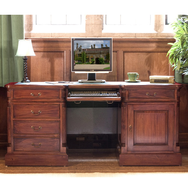 Royston 4 Drawer Computer Table With Door, Keyboard Drawer and Antiqued Brass Handles - Mahogany Finish - Vantage Point