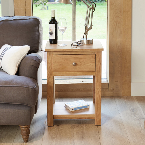 Harriet Contemporary Solid Oak Lamp Table with Drawer and Shelf - Vantage Point