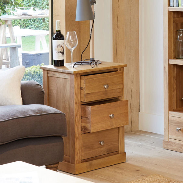 Harriet Contemporary Oak Lamp Table with Three Drawers - Vantage Point